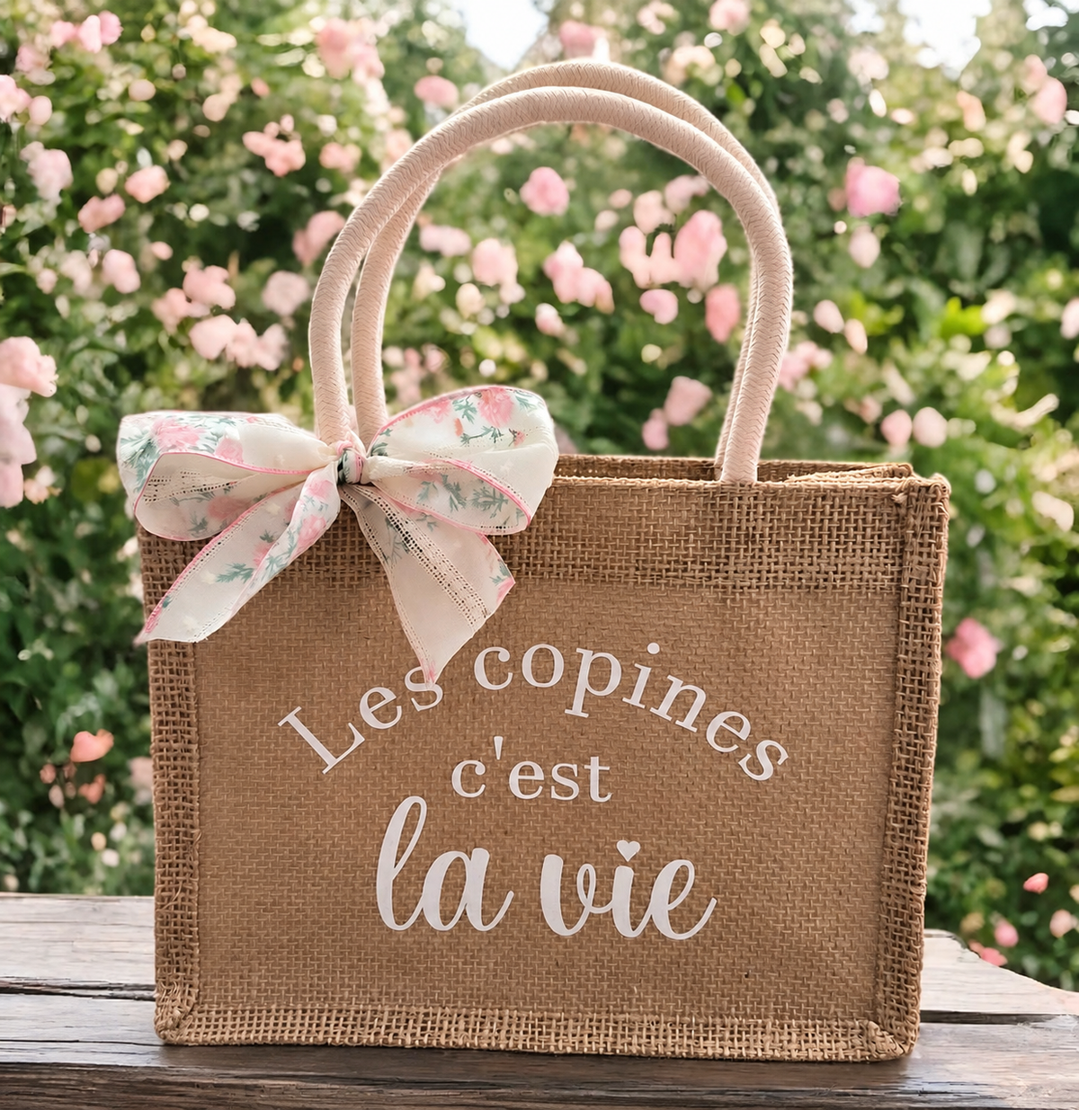 Sac en jute personnalisé « Les copines c'est la vie » avec nœud fleuri, posé sur une table en bois devant un rosier